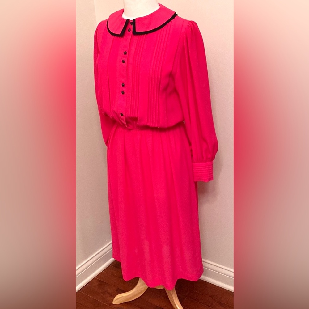 MS Chaus Pink Black Pleated Chiffon Size 10 Old Money Preppy Chic Romantic Dress - Picture 5 of 12